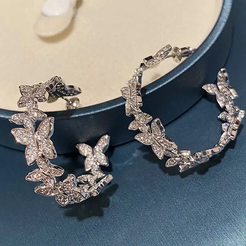 Huitan Aesthetic Butterfly-Shaped Women's Hoop Earrings Inlaid Shiny Cz Elegant Party Wedding Trendy Accessories Jewelry Gift