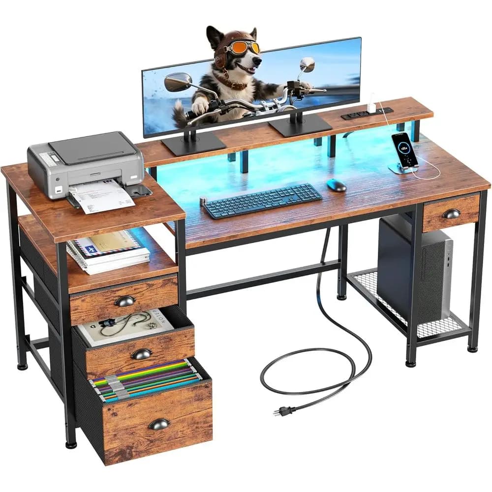 60" Computer Desk with ile Cabinet and Storage Shelves, Reversible Home Oice Desk with LED Lights, ull Monitor Stand, Power Outl