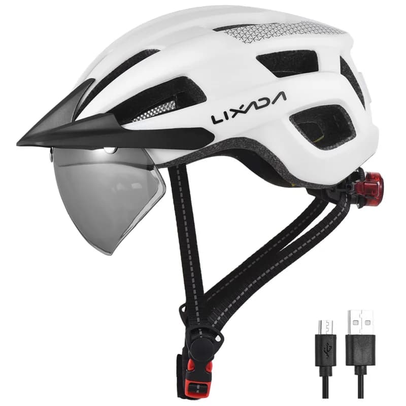 Bicycle helmet with windscreen and visor rear light rechargeable bicycle helmet adjustable for safety and protection