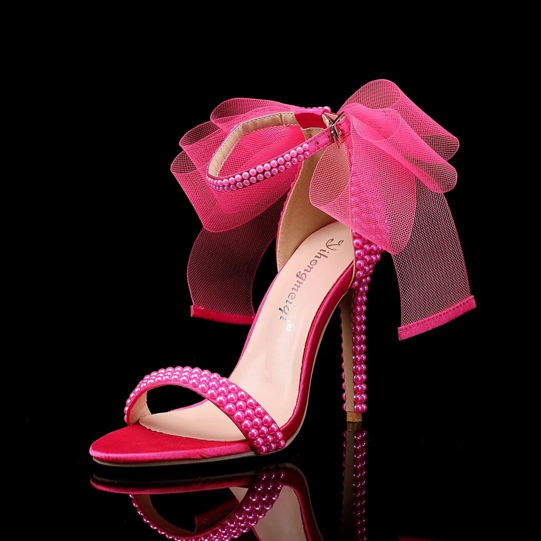 New woman shoes with high heel to fish mouth, thick heel, open tip, with rhinestones and pearls, for wedding dress.