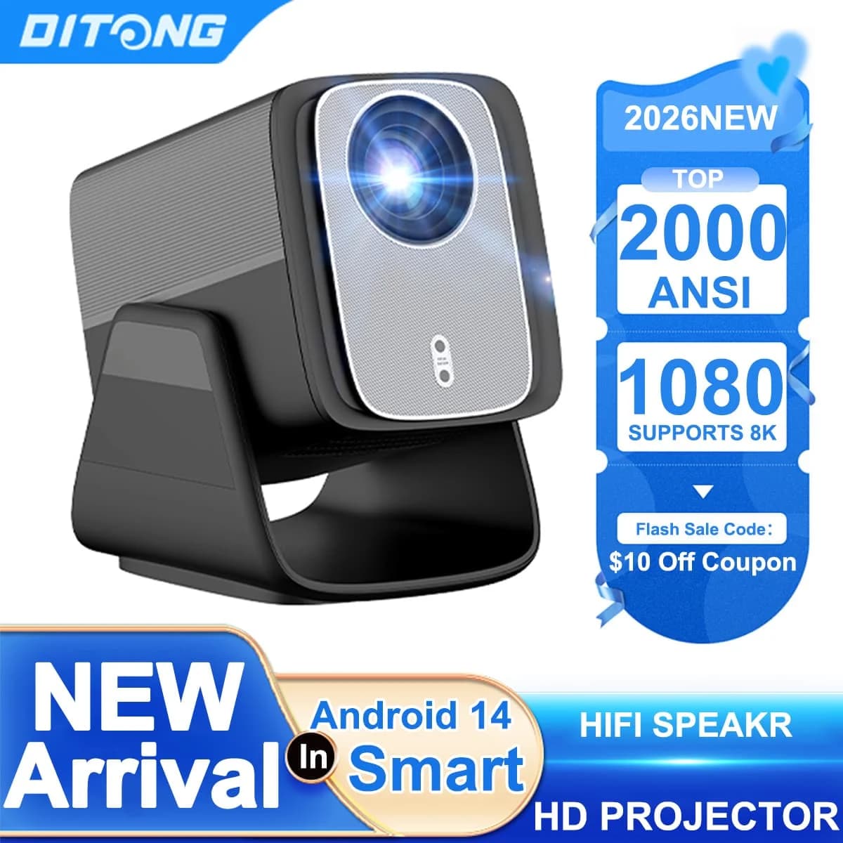 DITONG HD Projector Native 1080P Support 4K WIFI6 BT5.4 Android Mini Portable Projector LED Home Theater Video Projector