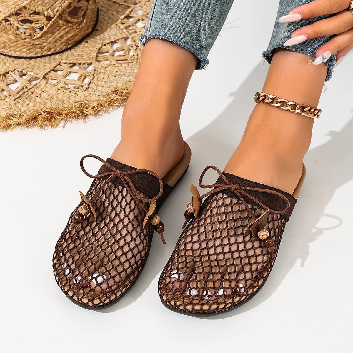 Ciabatte Intrecciate da Donna, Taglie Grandi, Nuovi Sandali Estivi Traspiranti Slip-On, Scarpe Mule Traspiranti in Rete per Esterni