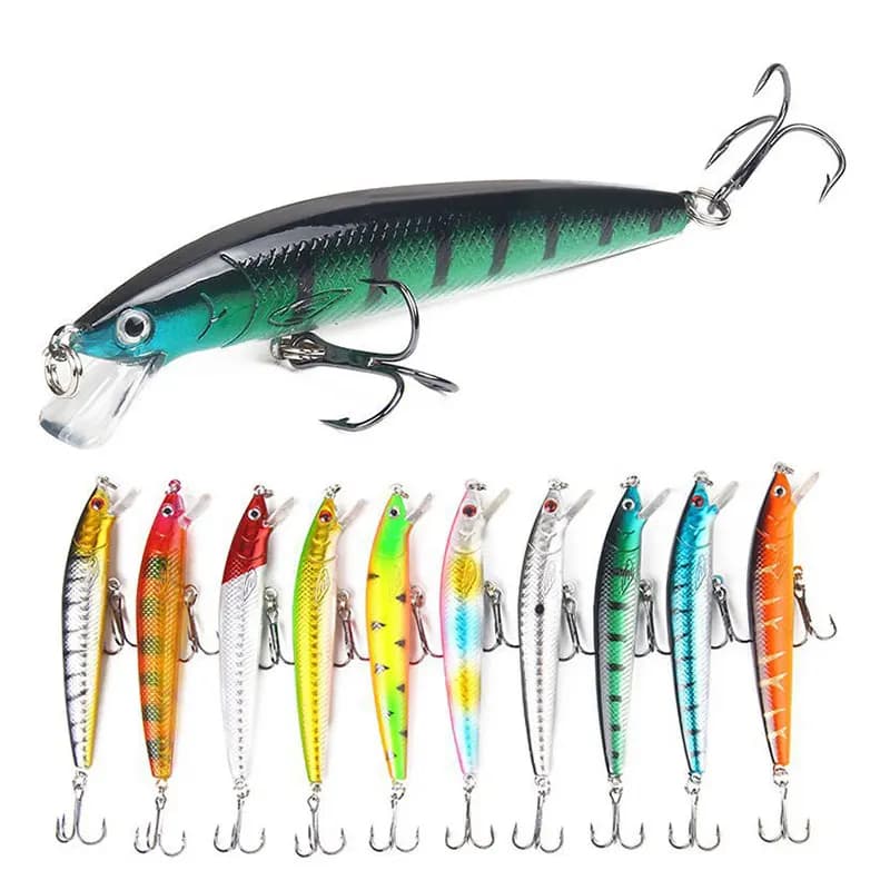 10 pz Coda Lunga Minnow Richiamo di Pesca 10 cm 9g Galleggiante Esca Dura Artificiale Wobbler Crankbait 3D Occhio Carpa Pesce Persico attrezzatura da pesca