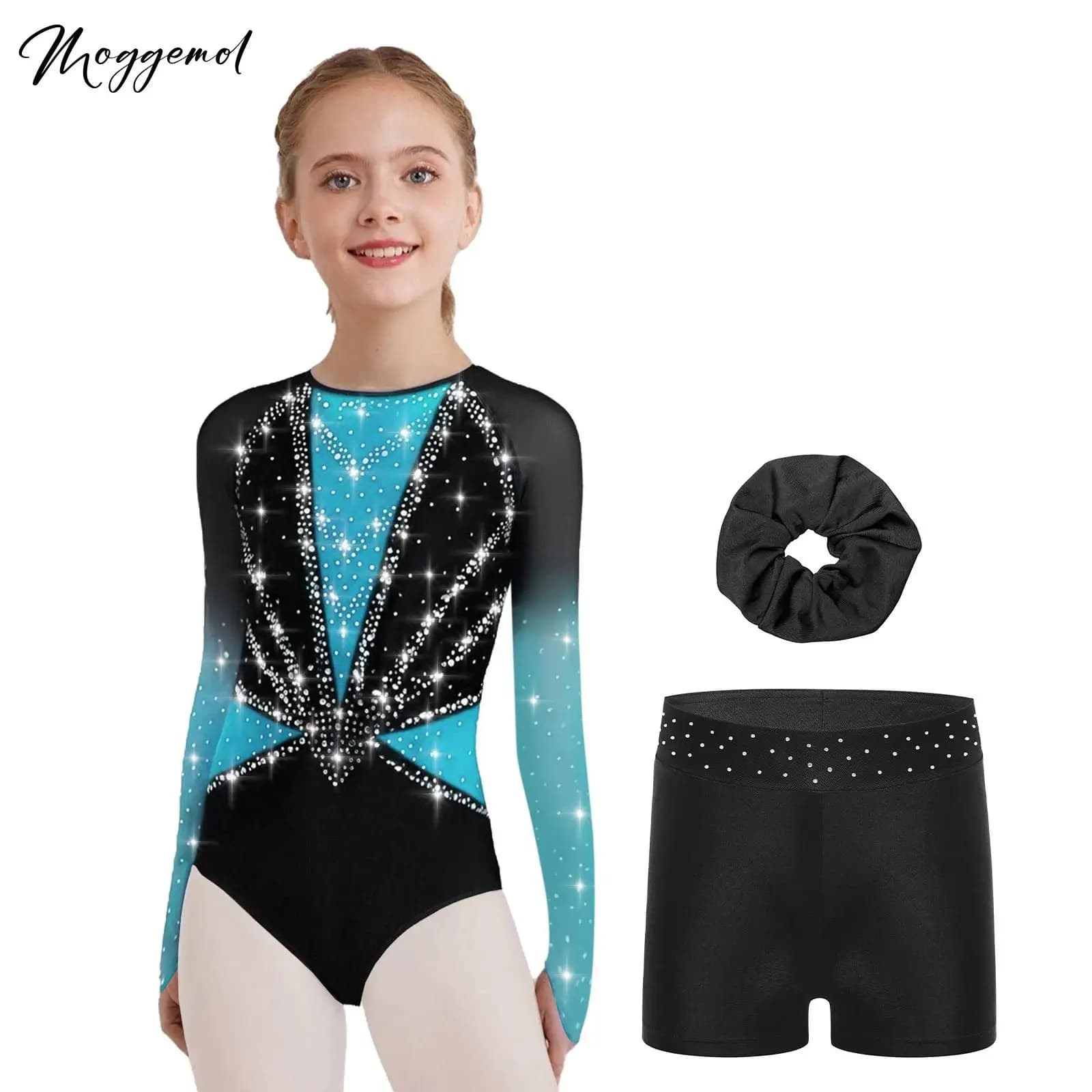 Costume da ginnastica e danza lirica per bambine, 3 pezzi, con strass, maniche lunghe, body per pattinaggio artistico con pantaloncini e copricapo