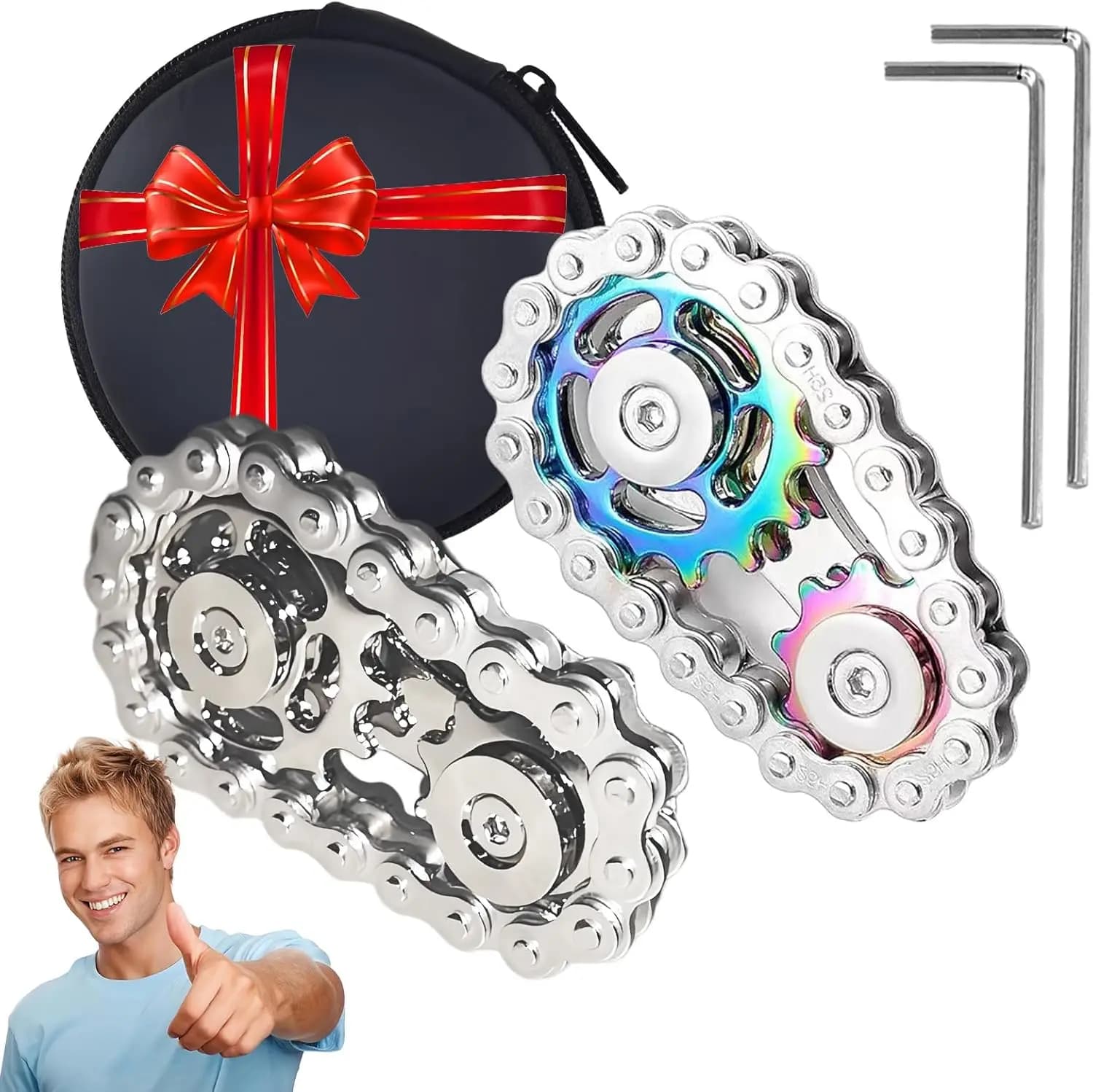 Set di 2 Fidget Spinner in Metallo per Adulti e Adolescenti - Giocattolo Antistress per Ansia, ADHD, Autismo, Regalo Sensoriale Argento Arcobaleno