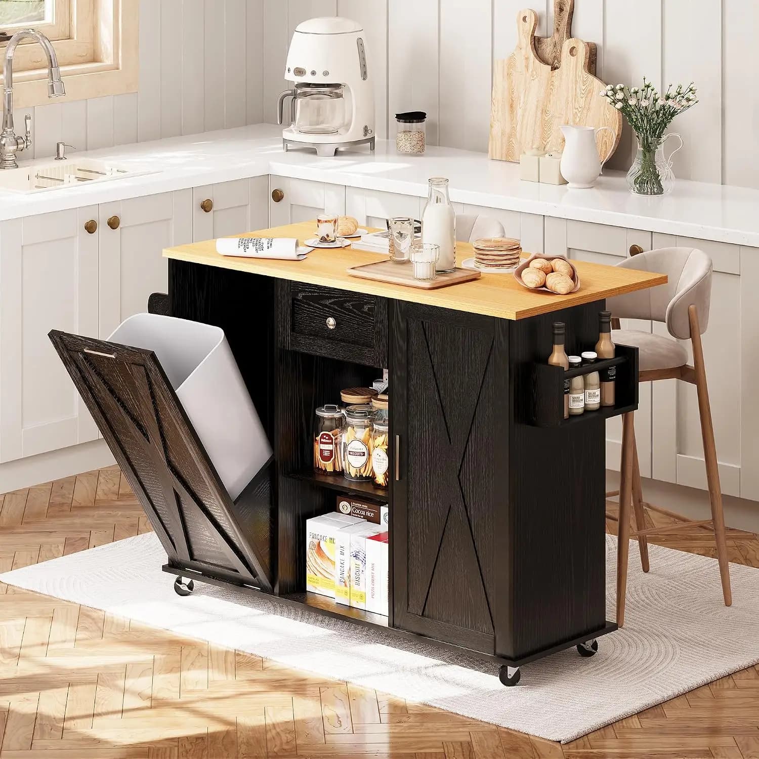 Rolling Kitchen Island with Trash Can Storage, 48” Kitchen Island Cart with Drop Leaf Countertop, Island Table with Drawer & She