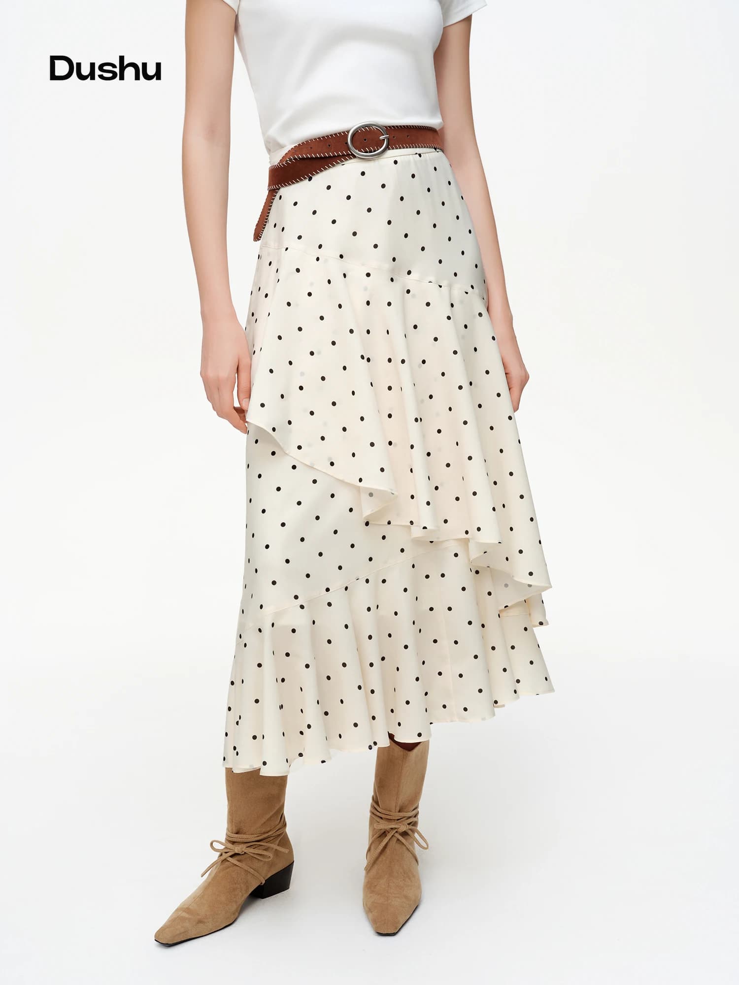 DUSHU 【Polka Dot Waltz】Gonna Midi da Donna con Orlo Irregolare a Balze, Collezione Primavera 2026, Nuova Collezione di Gonne, Minigonna a Pois Circolari