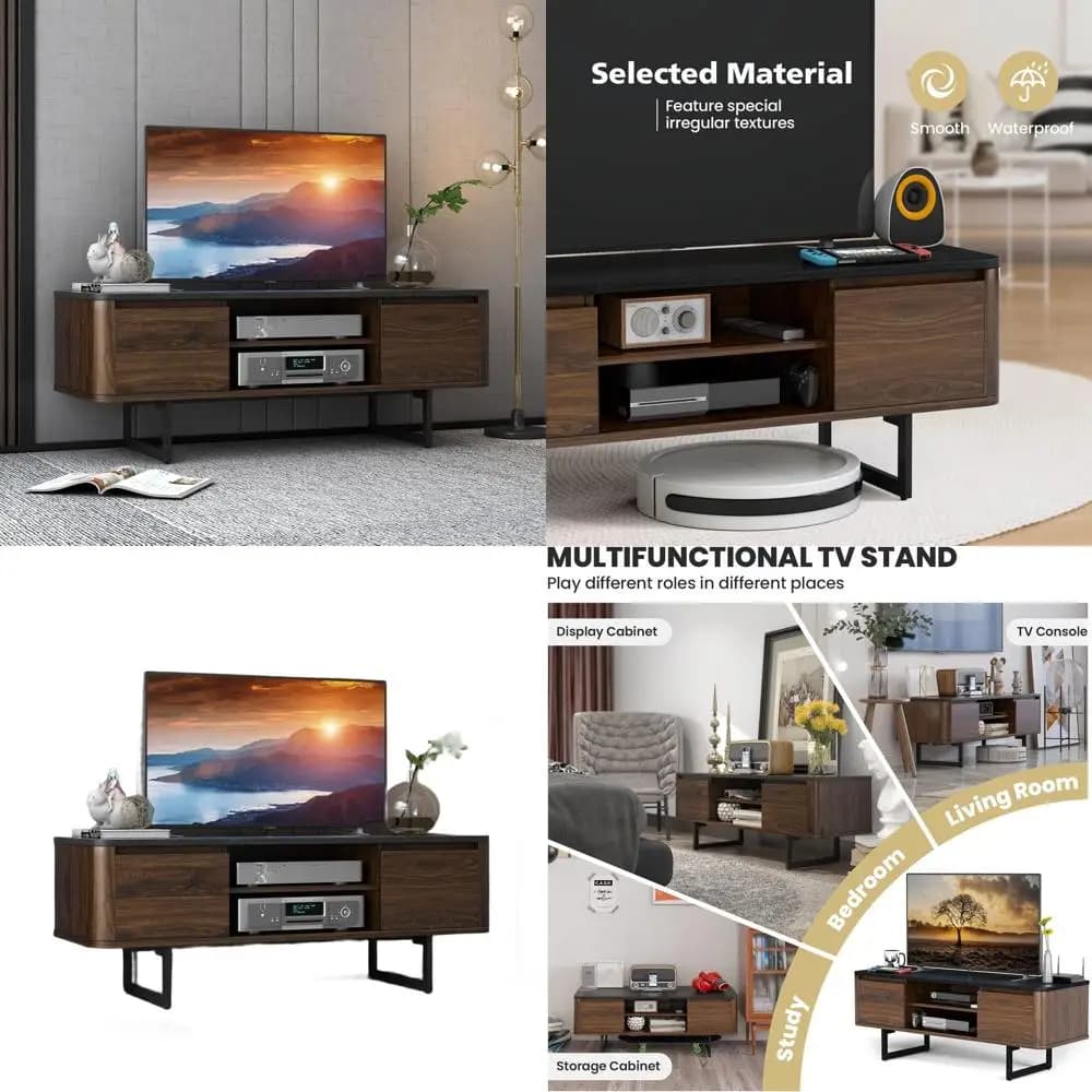 Supporto TV in legno marrone con base in metallo, supporto TV da 55, mobile portaoggetti a 2 ante, ripiani regolabili, gestione dei cavi per Living Ro