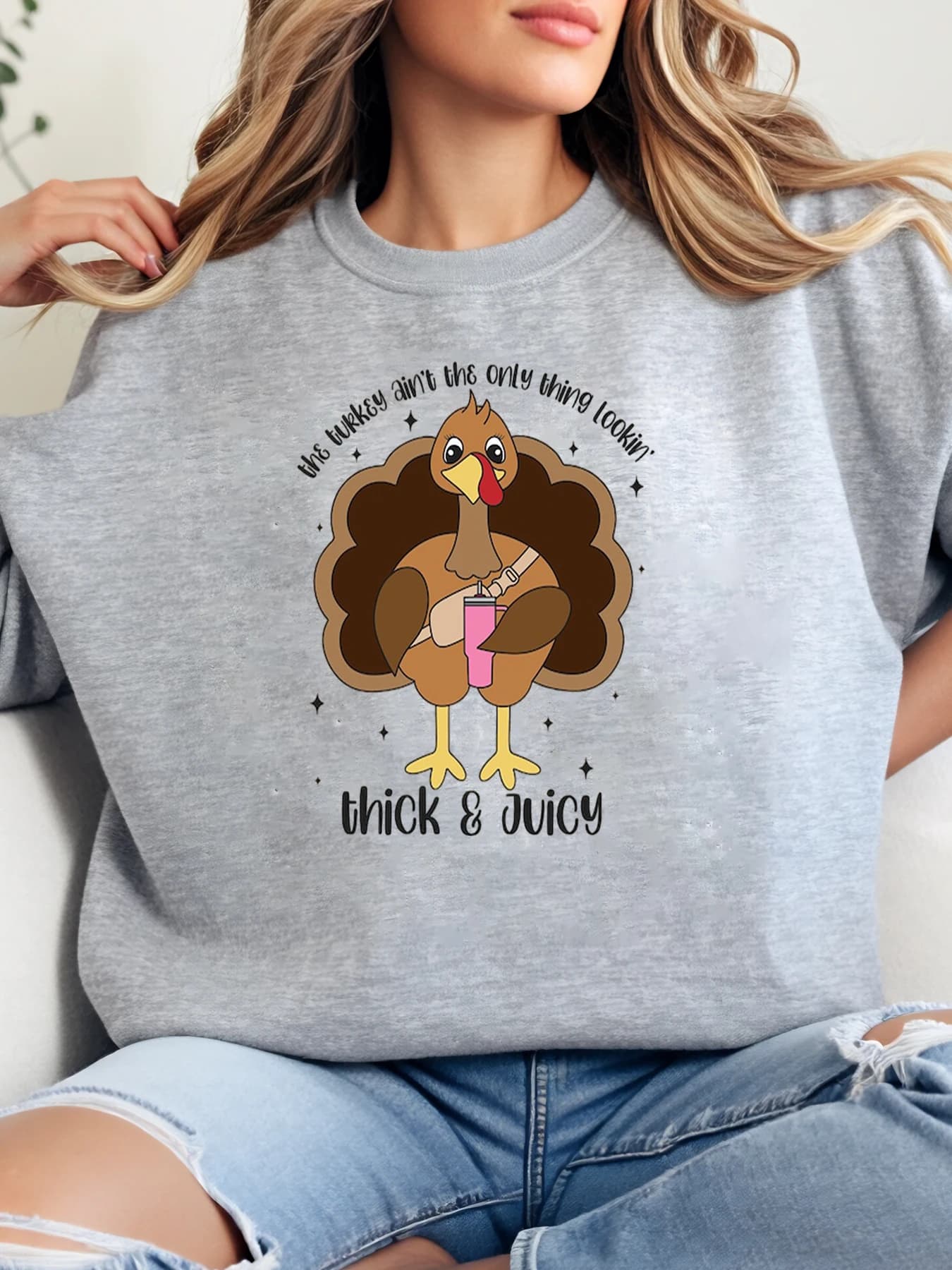 Felt for Thanksgiving with Turkish cartoon print Woman Casual Autumn Winter Wearing Grey Strong cuts