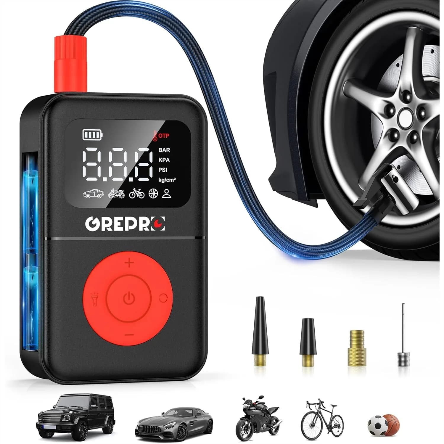 Compressore d'aria portatile per gonfiaggio pneumatici, pompa ad aria senza fili da 160 PSI con manometro digitale, luce LED, spegnimento automatico per auto e moto