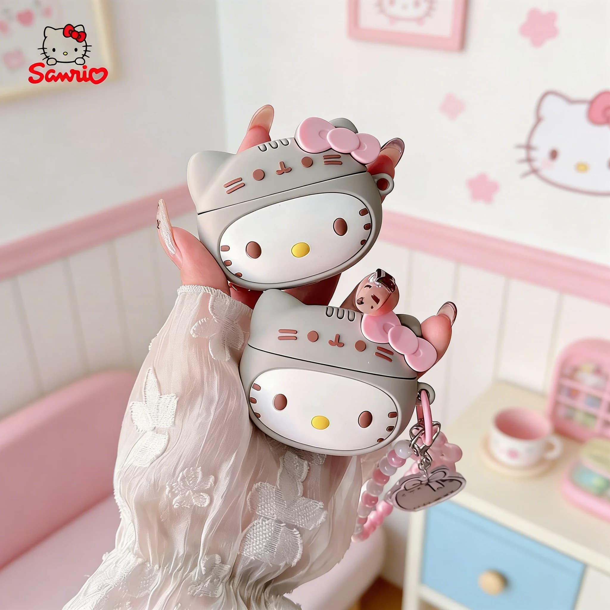 Custodia Protettiva in Silicone 3D Kawaii Sanrio Hello Kitty per Apple AirPods Pro 2, Pro 3, AirPods 4, 3, 2 con Decorazioni
