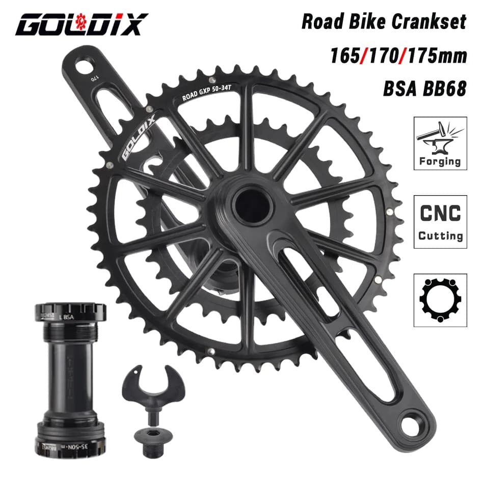 Guarnitura per bici da strada ultraleggera GOLDIX 50-34T/52-36T/53-39T Doppio corona 165/170/172.5/175mm Lunghezza Manovella per bicicletta cava