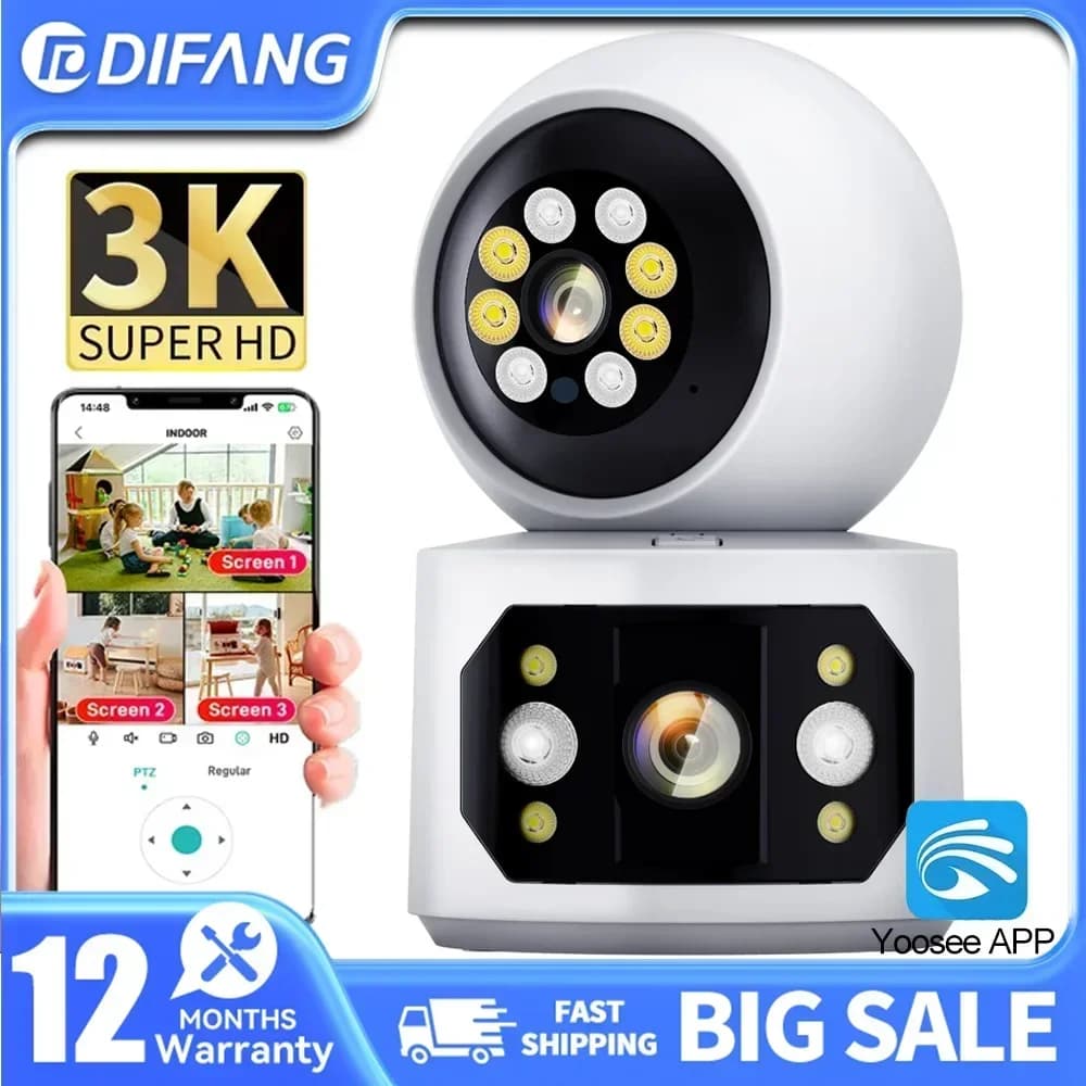 DIFANG 6MP Home WiFi camera Yoosee Smart Monitor for the internal body Wireless security Video surveillance CCTV Double lens Three screens