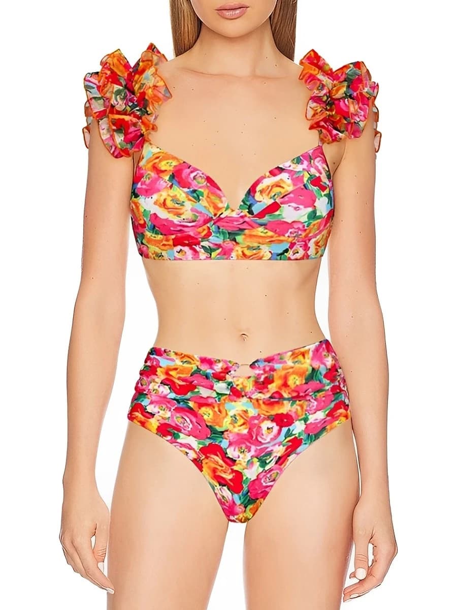 Floral Push-up bikini swimsuit with women's high waist volant 2026 - Sexy, for sea and pool