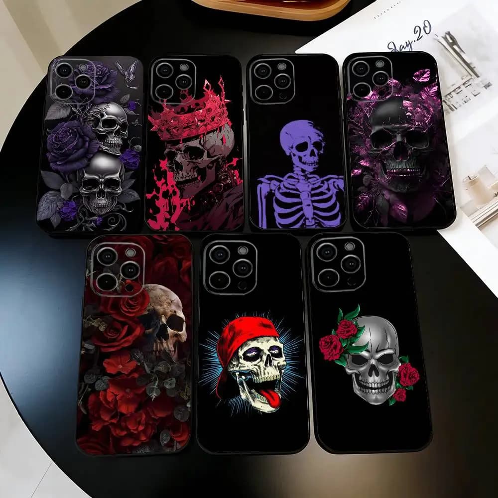 Cover Morbida Nera con Teschio Argentato Rosso Viola per iPhone 17, 16, 15, 14, 13, 12, 11 Plus, Pro Max e Altri Modelli