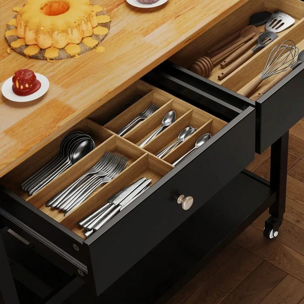 Carrello da Cucina con Vano Portaoggetti, Piano in Legno 40 Pollici, 2 Ripiani Spaziosi e Portasciugamani, Carrello Mobile a 2 Cassetti su Ruote in Metallo