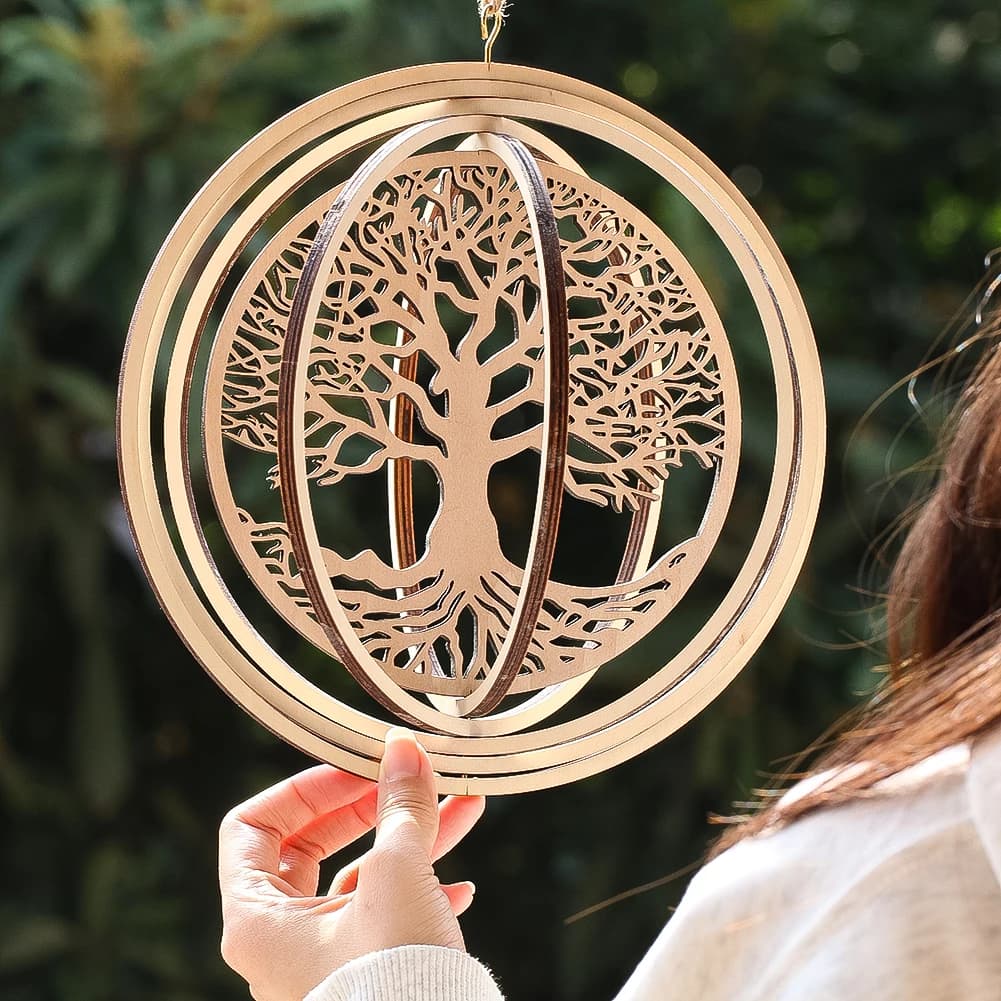 1PC Three-dimensional Log Round Hollow Hanging Carved Tree of Life Rotating Wind Chime DIY Home Garden Hanging Decorations
