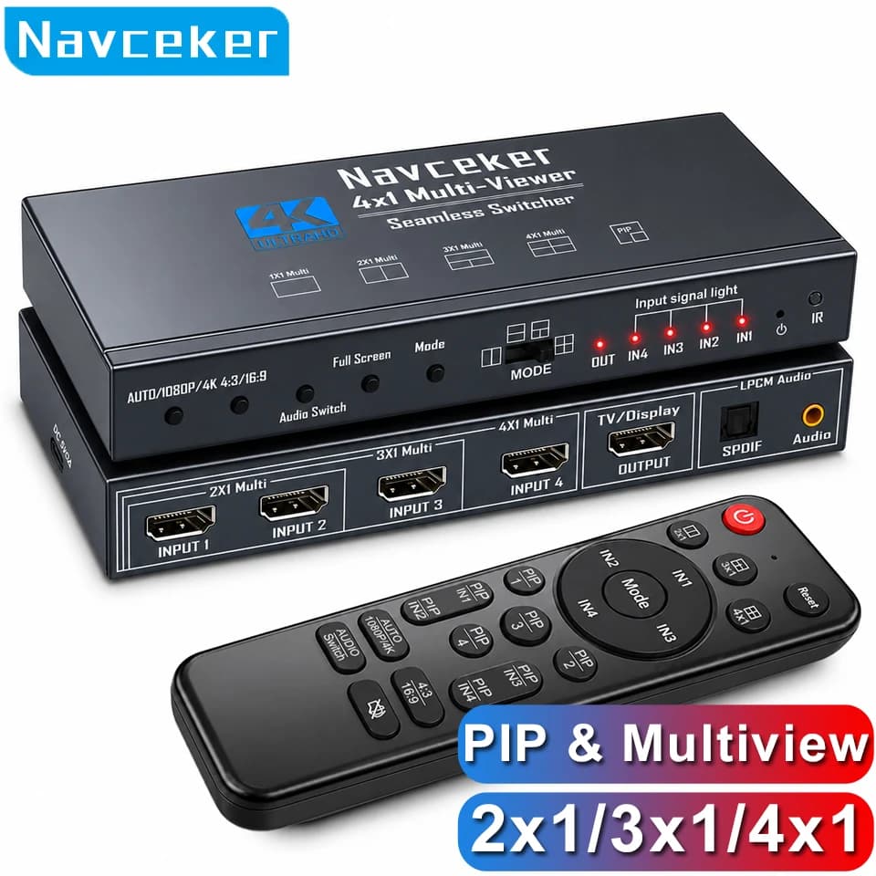 Navceker 4K HDMI Quad Screen Multiviewer 2x1 3x1 4x1 PIP Seamless Switch 4 In 1 Out HDMI Multi Viewer for Camera PC to Monitor