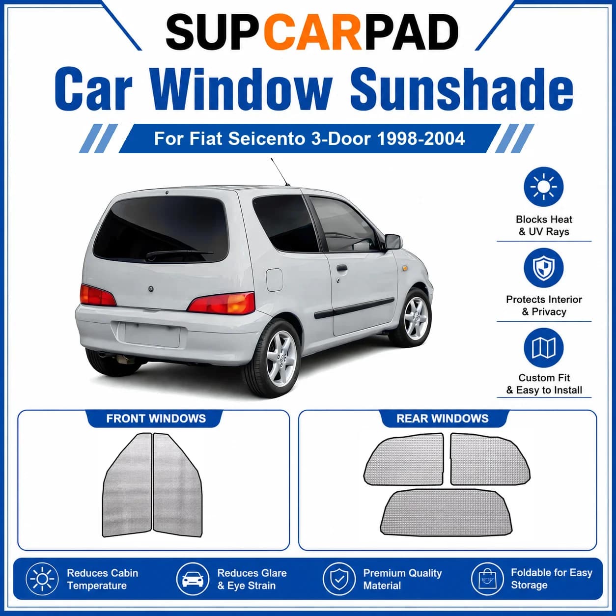 For Fiat - Fiat Seicento 3-Door 1998-2004 Full Set Car Window Sunshades UV Block Privacy Heat Insulated Foldable Car Curtain