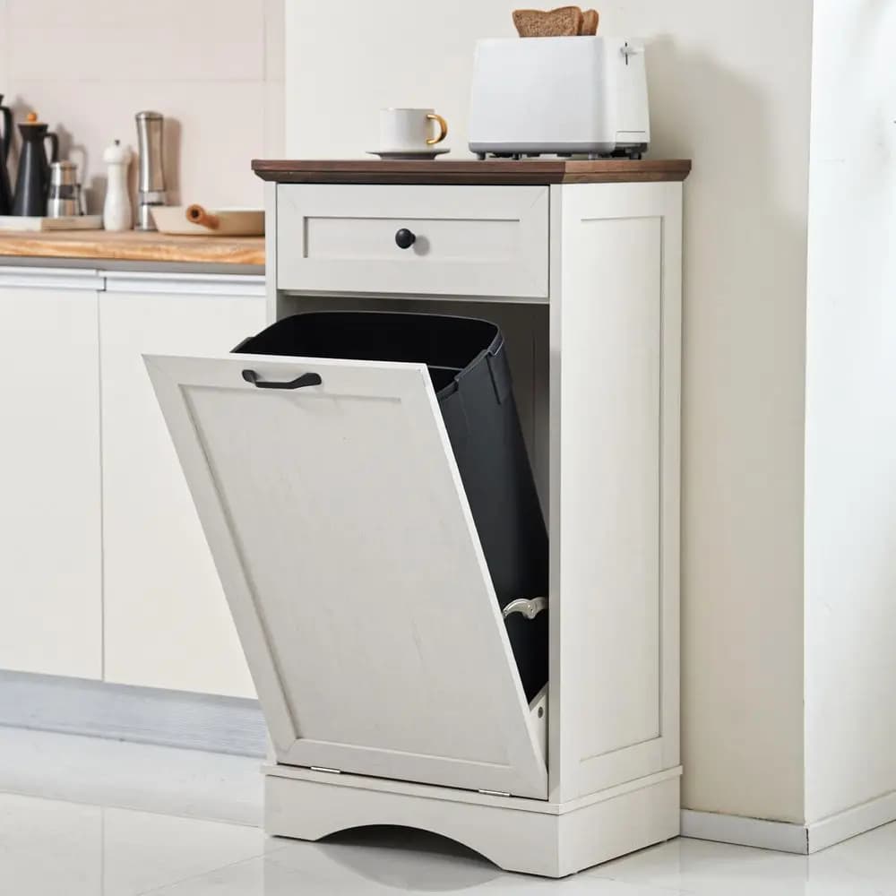 Mobiletto per rifiuti da cucina autoportante con apertura a ribaltamento, in legno, con cassetto a scomparsa per la raccolta differenziata, Pet P
