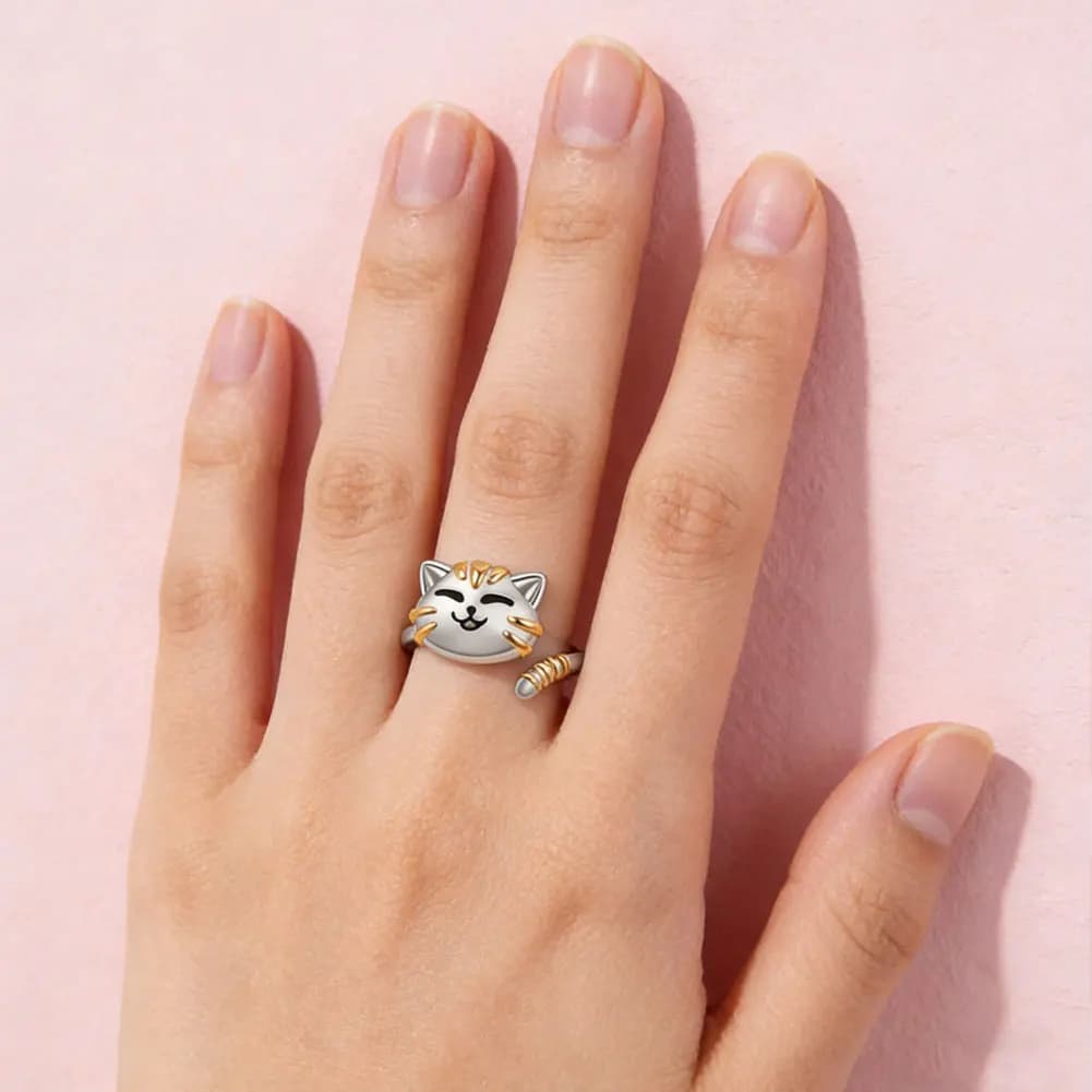 Anelli Girevoli Regolabili con Gatto Cartone Animato per Donne, Anello Antistress Rotante, Gioiello in Metallo Regalo per Ragazze