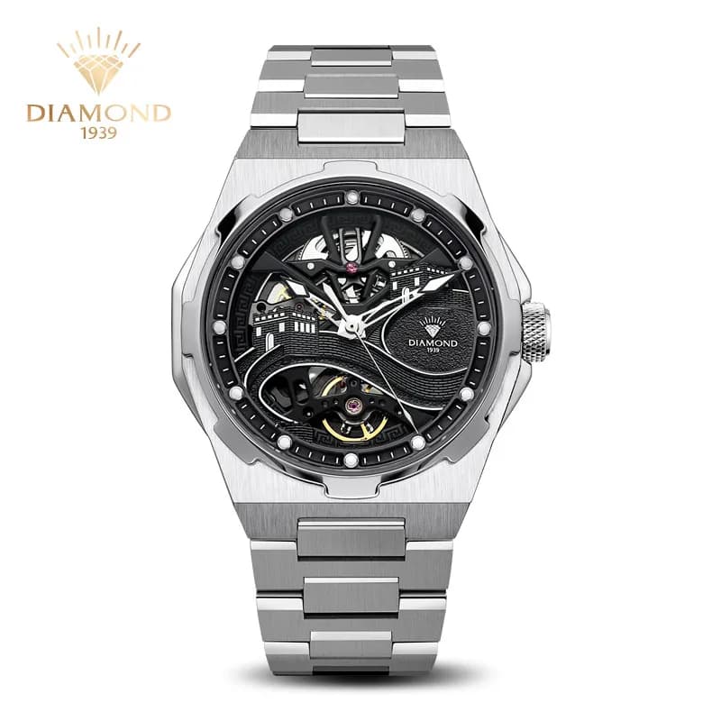 Orologio da uomo Shanghai con diamanti, movimento automatico, luminoso, scheletrato, alla moda, impermeabile, P201