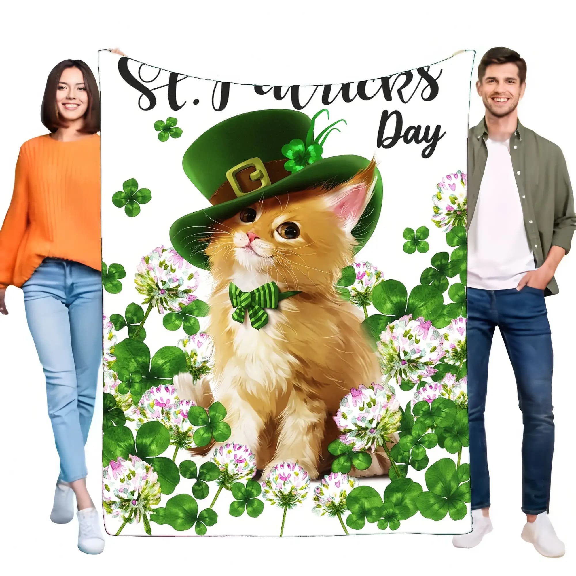 St. Patrick's Day Cat Blanket Soft Cozy Throw with Shamrock Design, Warm Lightweight Sofa Bed Cover - Perfect Gift for Pet Lover