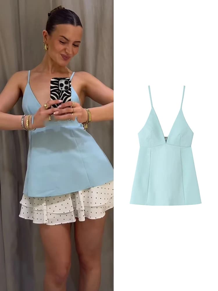 TFMLN 2026 Sexy Female Sleeveless Strap Top V Neck Backless Skirt Hem Vest Summer New Ladies Off Shoulder Club Holiday Tops