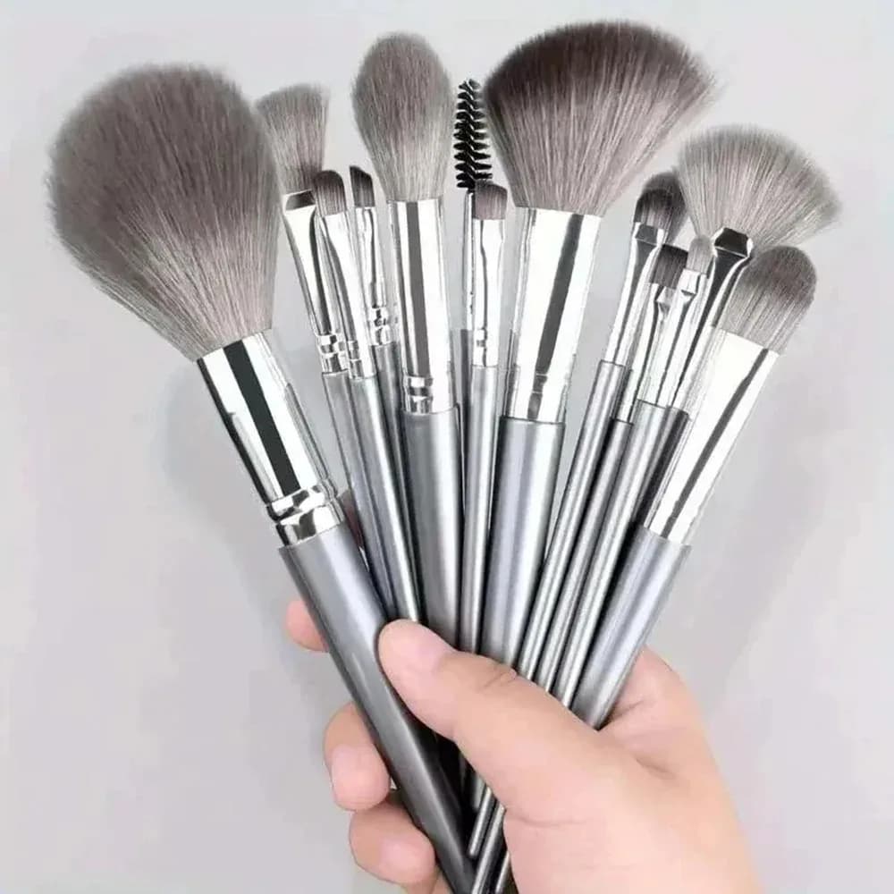Set of 14 Silver Makeup Brushes, Cypriot Brushes, Blush, Corrector, Bottom, Umbrella, Eyeliner, Beauty Tools for Face and Eyes