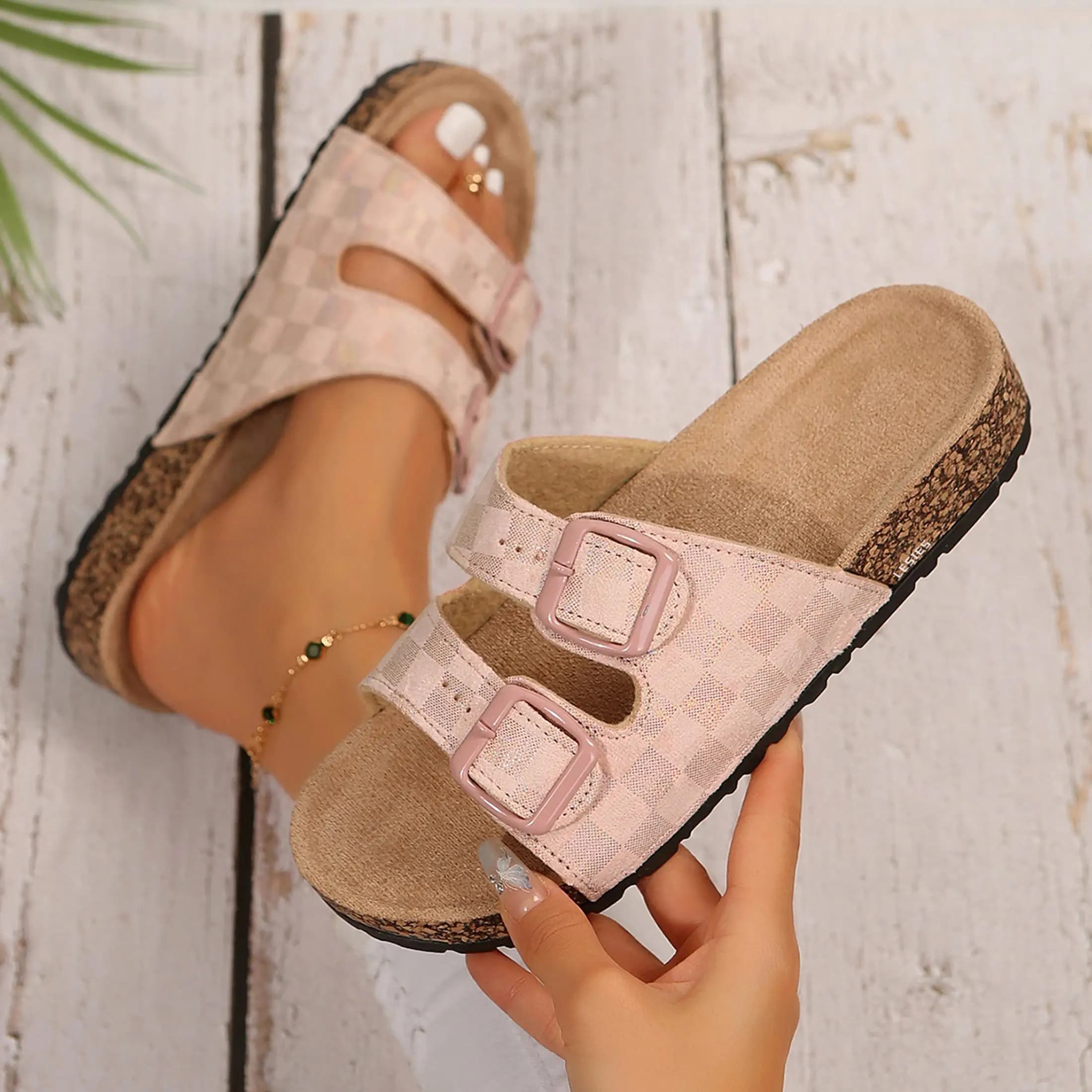 Women's Sandals Shiny Checkered Cork Slides Slippers Deal for Beach, Pool, and Everyday Use