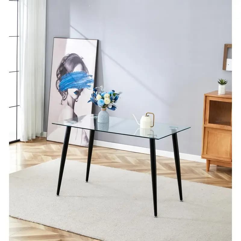 Tavolo da pranzo in vetro con gambe in metallo nero 120x70 cm, tavolo da ufficio per 4 posti, scrivania per computer