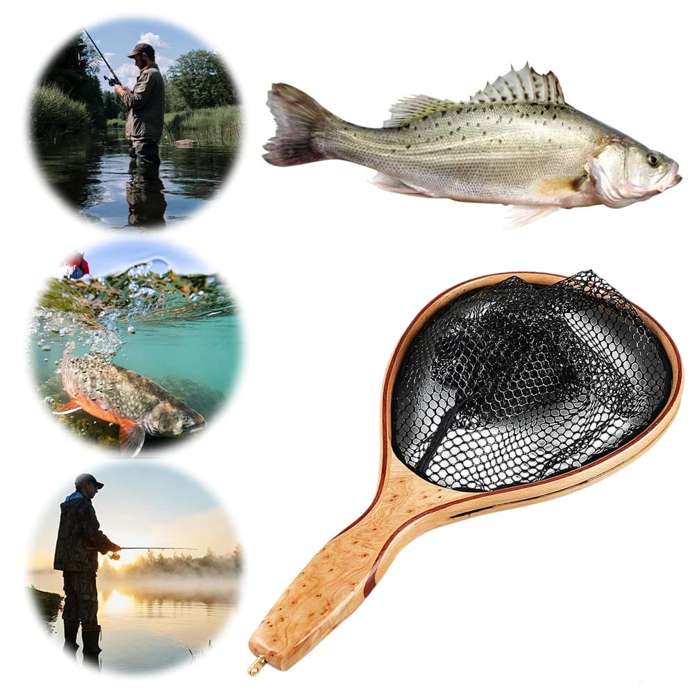 Guadino per pesca a mosca con manico in legno Rete in gomma morbida Rete per trota Accessori per la pesca con rete di cattura e rilascio