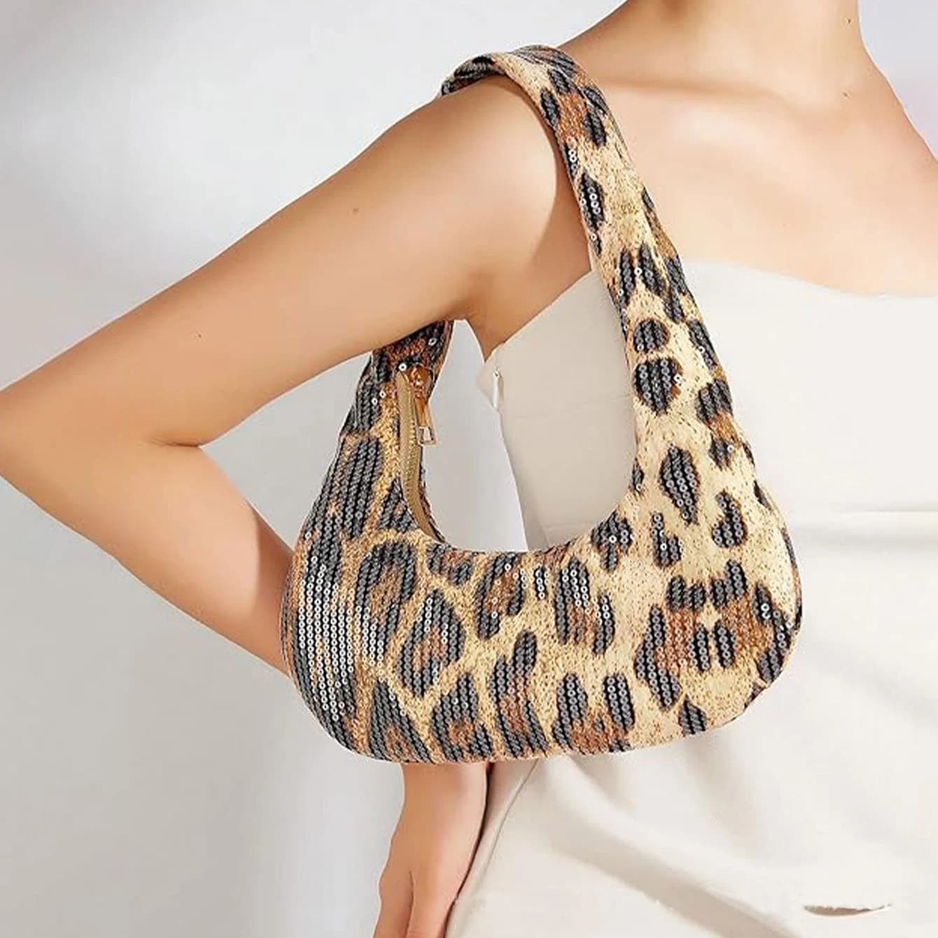 Pochette da sera con stampa leopardata con paillettes per donna Elegante borsa hobo sotto le ascelle Borse a tracolla da donna per feste e gite casual