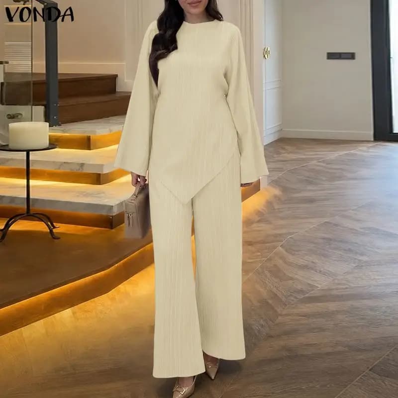 VONDA Women Plus Size Suits Round Neck Long Sleeve Irregula Blouse Wide Leg Pants Sets Solid Casual Loose Two-piece Outfits 5XL