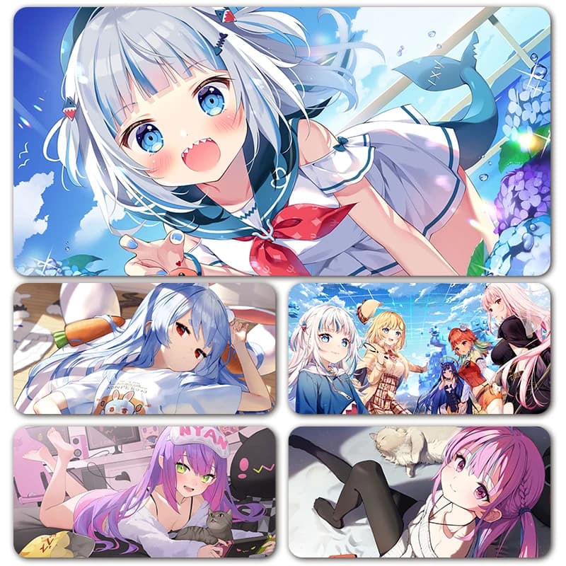 Simpatico tappetino per mouse XXL da gaming con personaggi VTuber Usada Pekora e Gawr Gura, tappetino da scrivania per tastiera