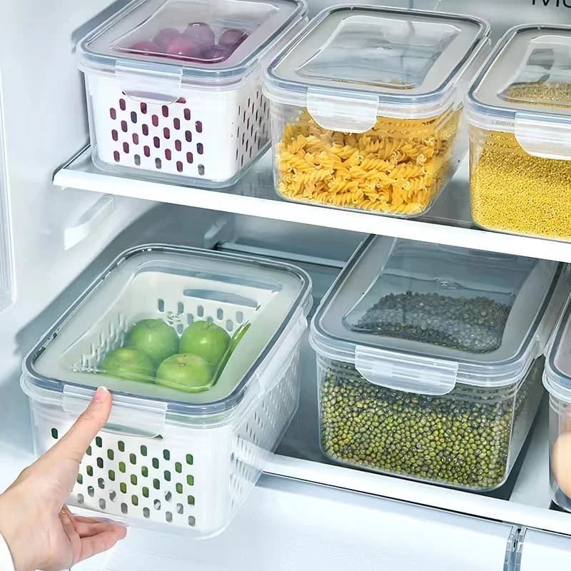 Contenitori per Alimenti a Doppio Strato Sigillati, Scatola per Conservazione Frutta e Verdura con Drenaggio, Accessori da Cucina