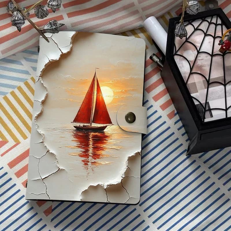 Agenda A6 in Pelle PU con Stampa Effetto Screpolato Barca a Vela Rosso Tramonto, Chiusura a Fibbia, per Studenti, Ufficio, Viaggi, Regalo