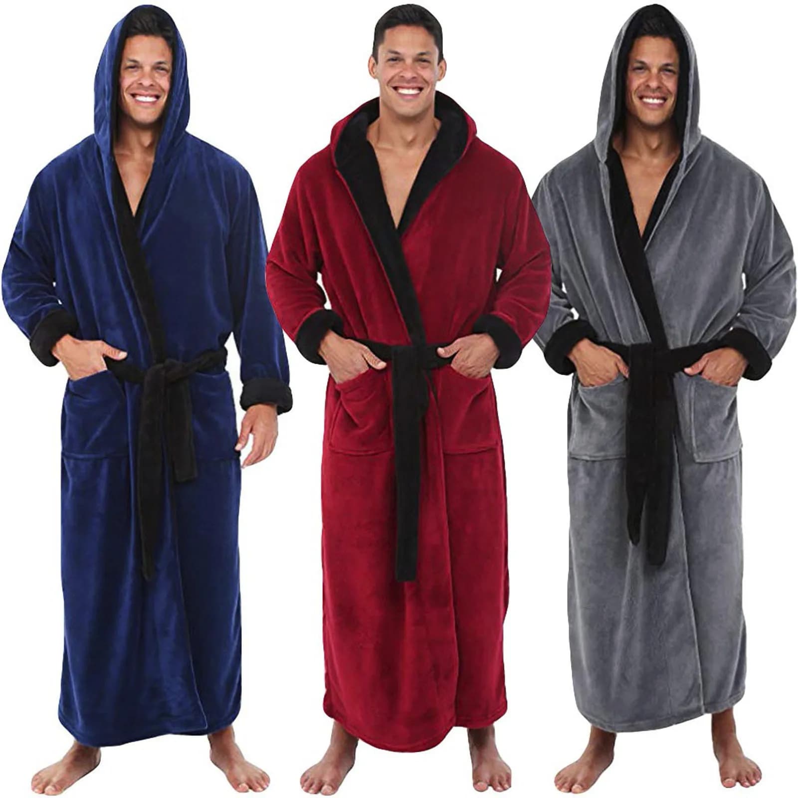 Men's Fall Winter Shawl Bathrobe for Swimming Beach Comfortable Home Clothes Solid Color Soft Thickened Long Sleeved Robe Coat