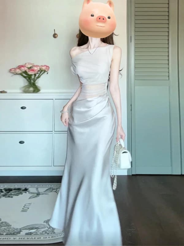 Elegant Grey Mesh Splice Asymmetrical Shoulder Dress Slim Fit Bodycon Gown Summer Long Sleeveless High Waist X-Shape