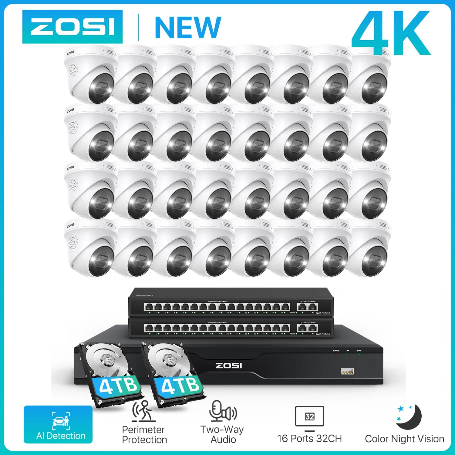 Sistema di Sicurezza ZOSI 32CH 4K PoE con Telecamere Spotlight 4K per Esterni e Interni, Audio Bidirezionale, NVR di Sorveglianza 32CH 8MP per Aziende