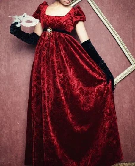 1895s Red/Blue Velvet Regency Dress Jane Austen High Waistline Duchess Dress Victorian Tea Party Dress For Women