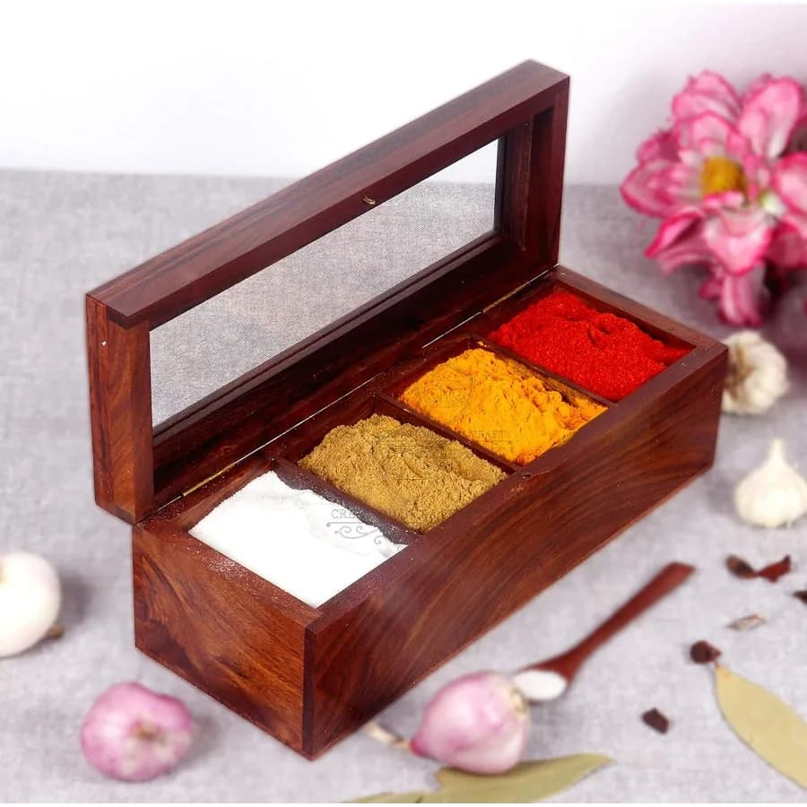 Scatola per spezie in legno, contenitore Masala, custodia per condimenti da cucina, scatola decorativa multiuso - Palissandro indiano realizzato