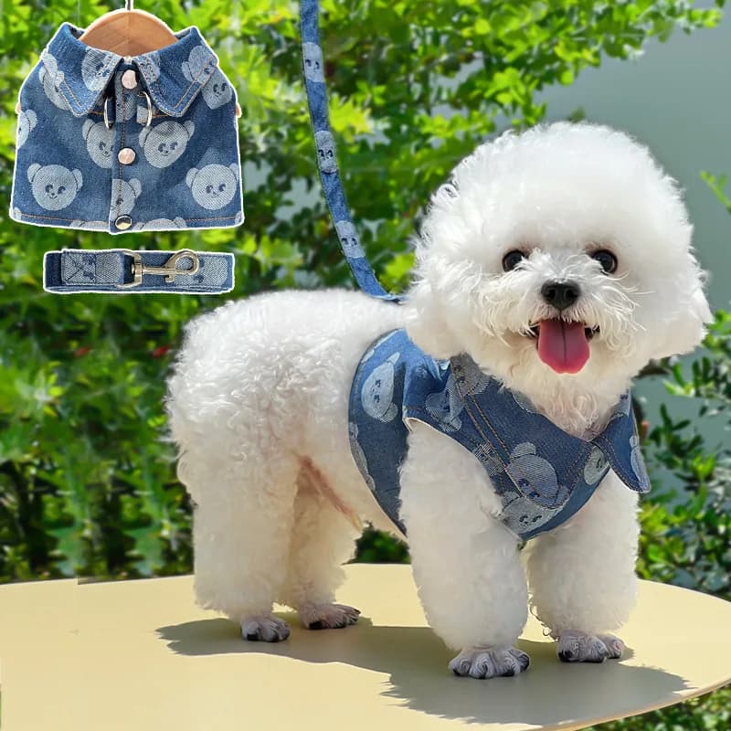 Denim Dog Harness Set Pet Clothes Dog Collars Chest Strap Traction Rope Cat Vest Harnesses Chihuahua Ragdoll Walking Supplies