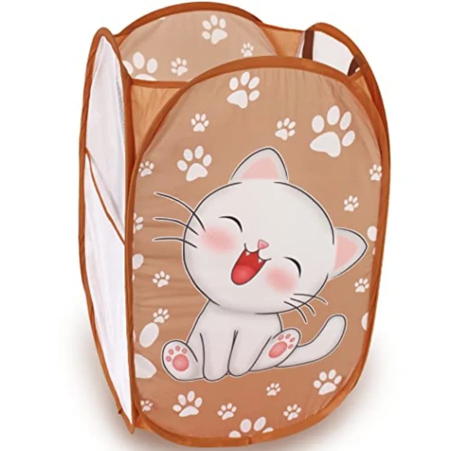 Cute Foldable Pop Up Hamper - Mesh Laundry Basket Durable Handles Toys Tidy Clothes Socks Storage Bag Khaki Cat Paw