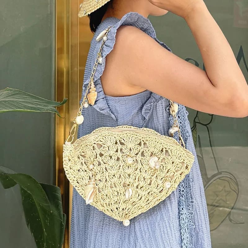 2026 Hollow Rattan Hand-weave Shoulder Bag for Women Summer Bohemia Seashell Small Handbags Beach Holiday Party Tote Handbags
