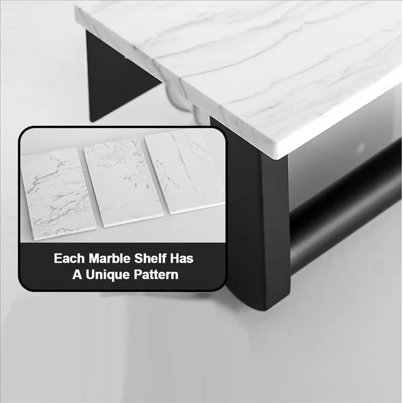 AS60-2X Porta carta igienica in marmo con ripiano Porta rotolo di carta igienica Supporto da parete per mobiletto del bagno decorativo, Nero