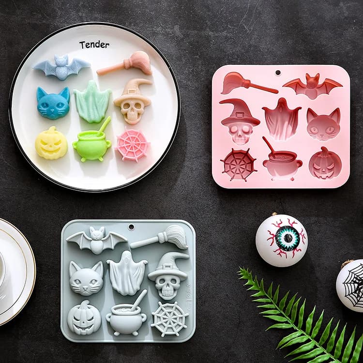 Stampo in silicone per 8 gatti fantasma, scheletri e altri modelli a tema Halloween, per torte e cioccolato in resina epossidica