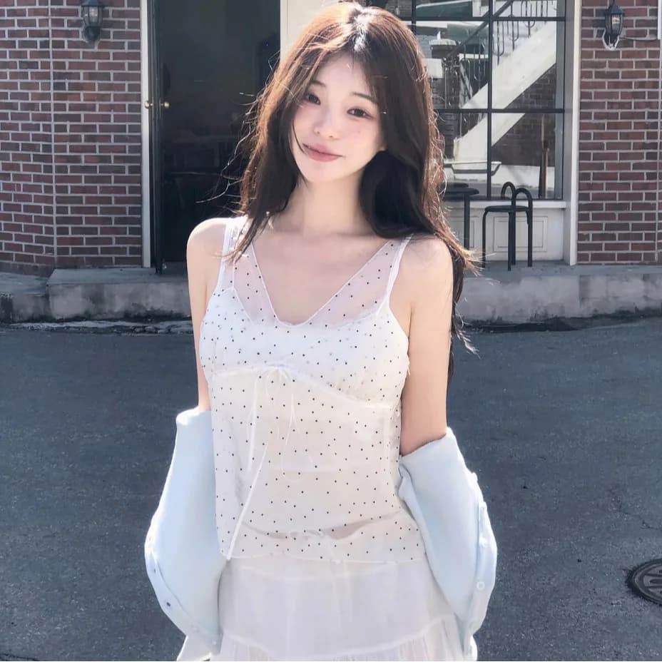 Korean Style Summer Splice Design Net Polka Dot Belted Vest Women's Thin See through Strap Top V-neck Pullover with Chest Pad