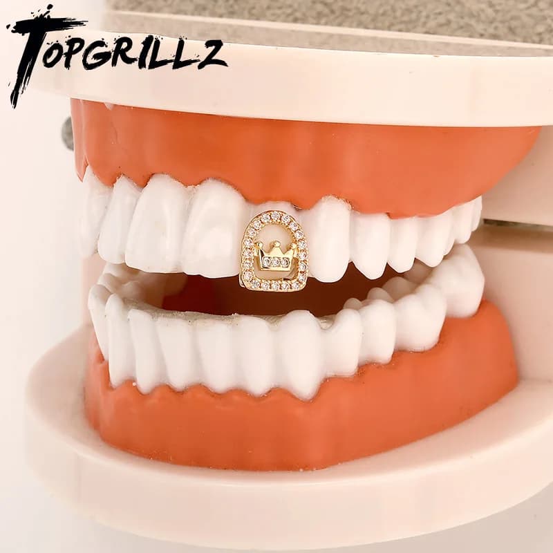 TOPGRILLZ Iced Out Single Full CZ Stone Crown Teeth Caps For Women Men Jewelry Hollow Zircon Mouth Tooth Grillz Dental Grills