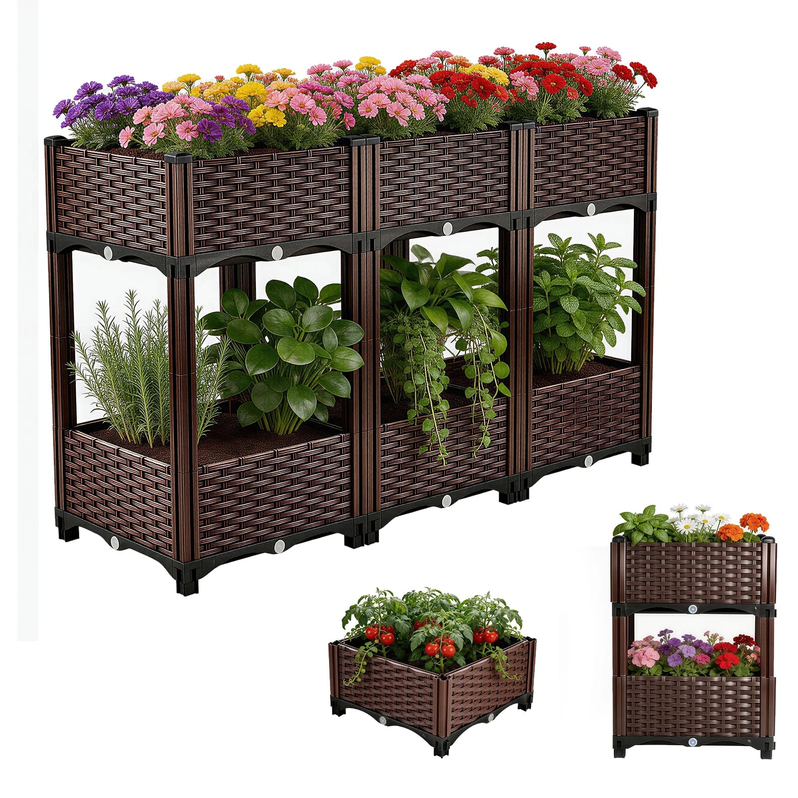 Fioriera Rialzata con Gambe 120x70x40 cm, Grande Vaso Divisorio a 6 Scomparti in PP, Resistente ai Parassiti, con Fori di Drenaggio, Ergonomico per Giardino, Patio, Balcone, Terrazza, Cortile